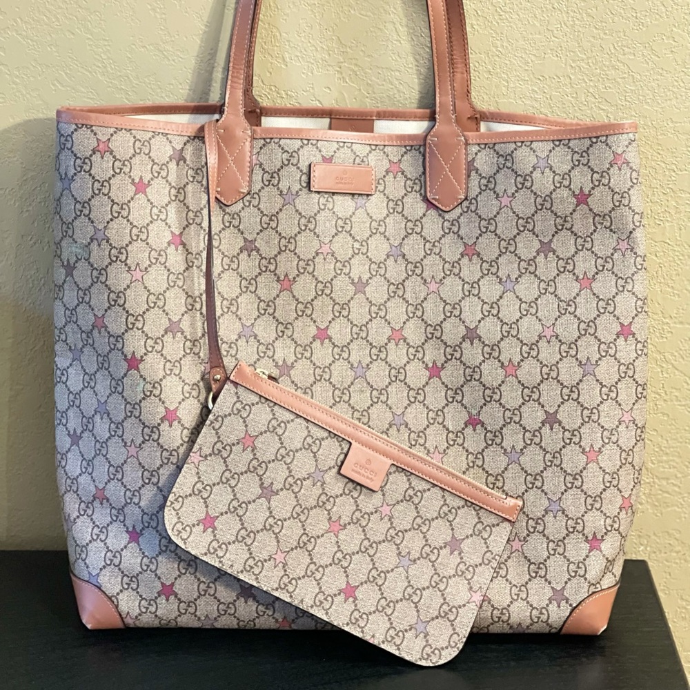 Gucci Beige Monogram Tote with Pink Accents